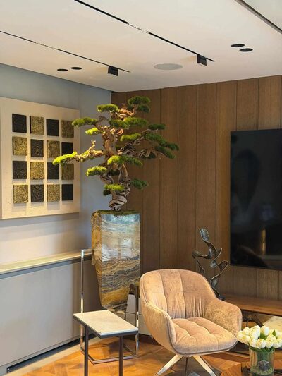 Mermer Saksılı Yapay Bonzai Ağacı Farklı Saksı Rengi ile Hazırlanan Model