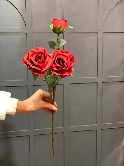 Kırmızı Uzun&nbsp; Saplı &Uuml;&ccedil;l&uuml; G&uuml;l Demeti