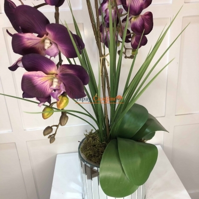 Mor İkili Orkide Garnitürlü Aynalı Vazo