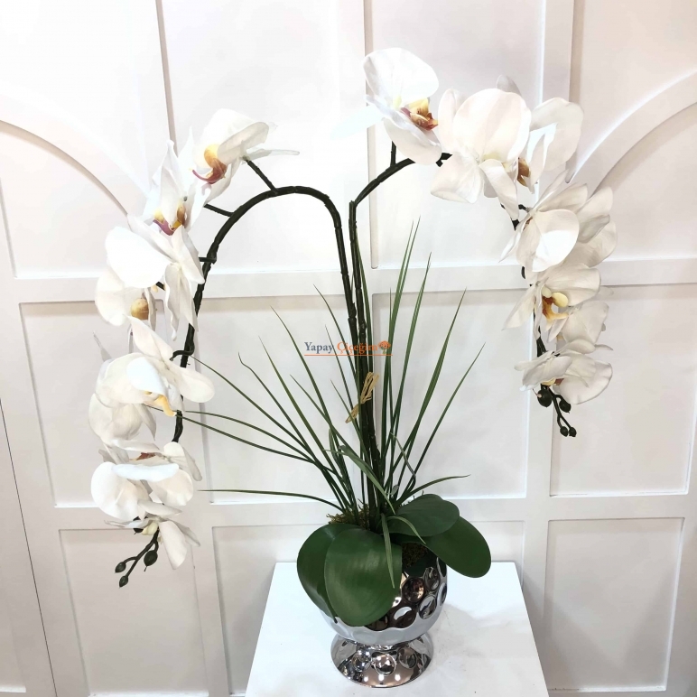 Beyaz İkili Orkide İthal Gümüş Vazo