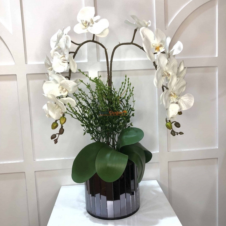 Beyaz İkili Orkide Garnitürlü Aynalı Vazo