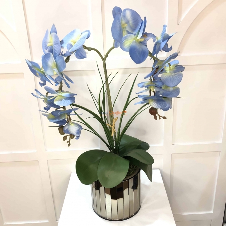 Mavi İkili Orkide Garnitürlü Aynalı Vazo