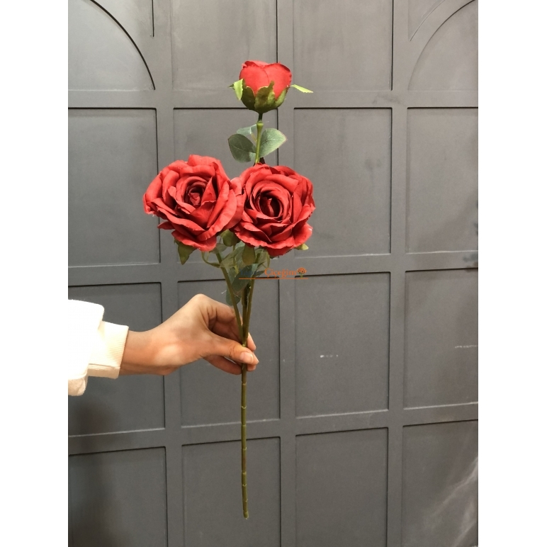 Kırmızı Uzun  Saplı Üçlü Gül Demeti