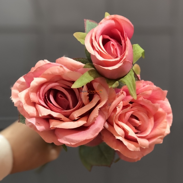 Pembe Uzun  Saplı Üçlü Gül Demeti
